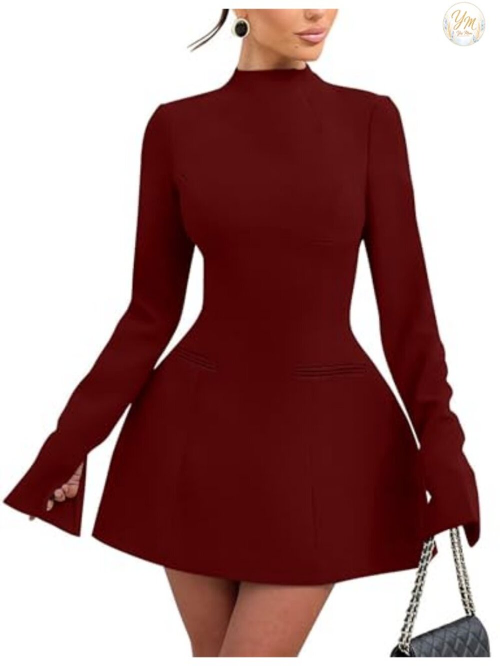 Elegant Mock Neck Long Sleeve Backless Mini Dress A-Line Party
